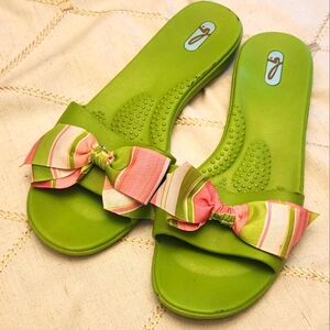 OKA.B Green Slippers‎ with Colorful Striped Bows 💚 GUC